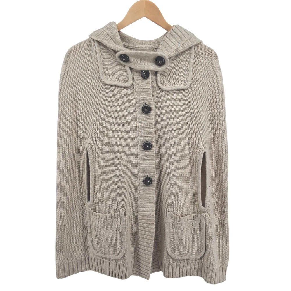 Cremieux Womens Sz Small Taupe Cape Poncho Hooded Wool Rabbit Blend Button Front